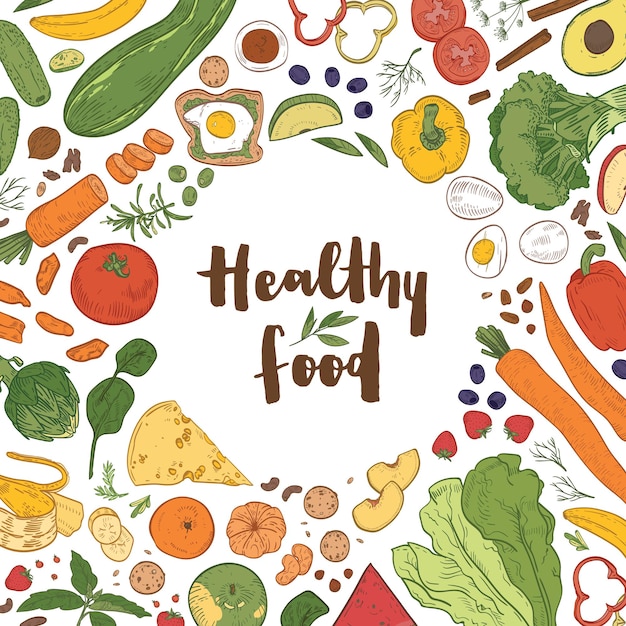 square background with frame consisted of various healthy food