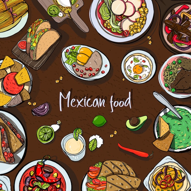 メキシコ料理、伝統的な料理と正方形の背景。様々な料理で手描きのカラフルなイラスト。