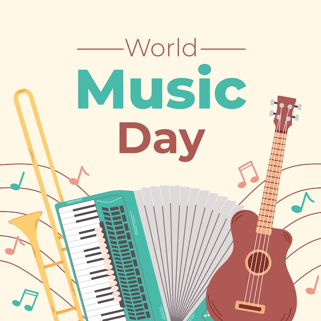 Vector square background for world music day celebration colorful template with musical instruments