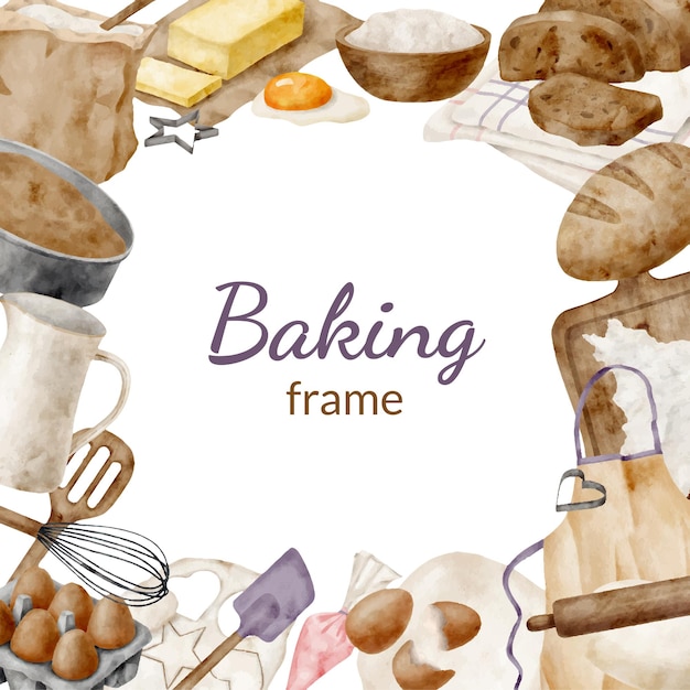 Vector square baking frame with watercolor cooking utensils and ingredients