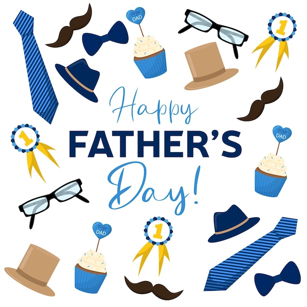 Vettore striscione quadrato per la festa del papà con elementi maschili happy fathers day hat tie occhiali da vista vettore