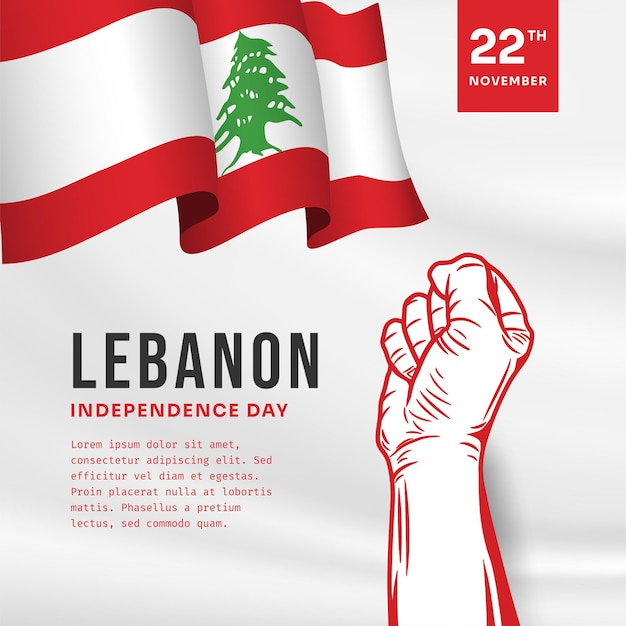 テキストスペースを持つレバノン独立記念日のお祝いの正方形のバナーイラスト手を振って旗と握りしめたベクトルイラスト