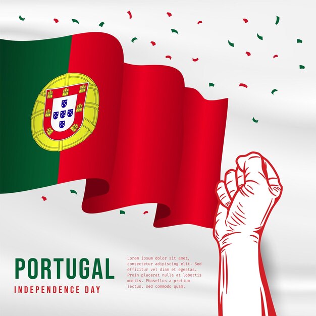 Vettore illustrazione quadrata della celebrazione del giorno dell'indipendenza del portogallo con spazio di testo bandiera sventolata e mani strette illustrazione vettoriale