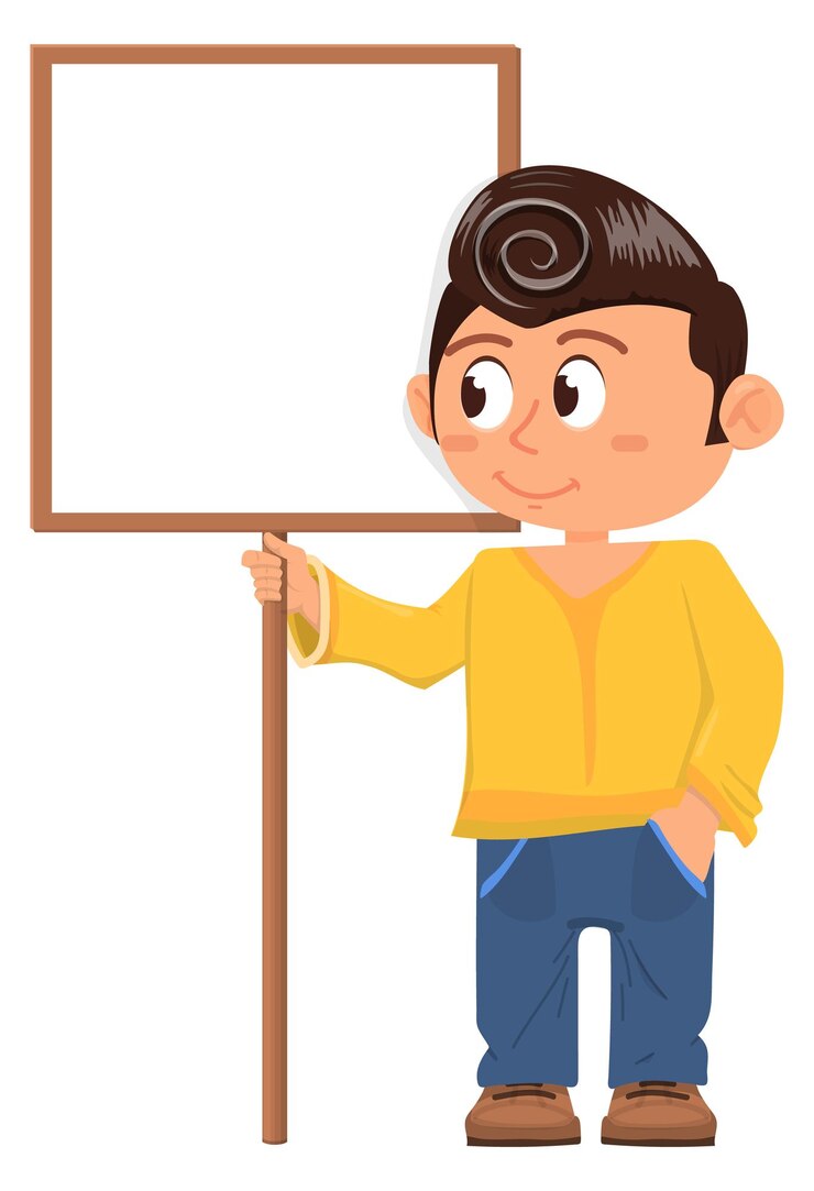 Vector square banner in kid hands fuuny cartoon kid with placard