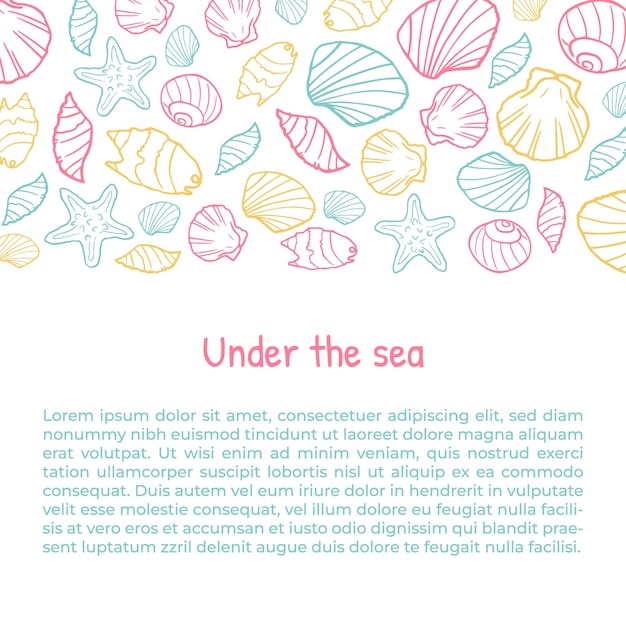 Square banner or poster with hand drawn seashells barnacles sketch vector illustration banner or leaflet layout for fish restaurant and seafood market