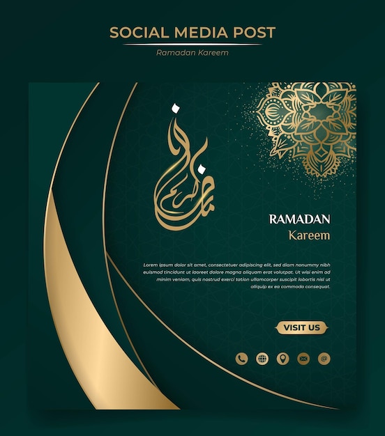 Square banner template in gold green background with ramadan text in arabic calligraphy for ramadan