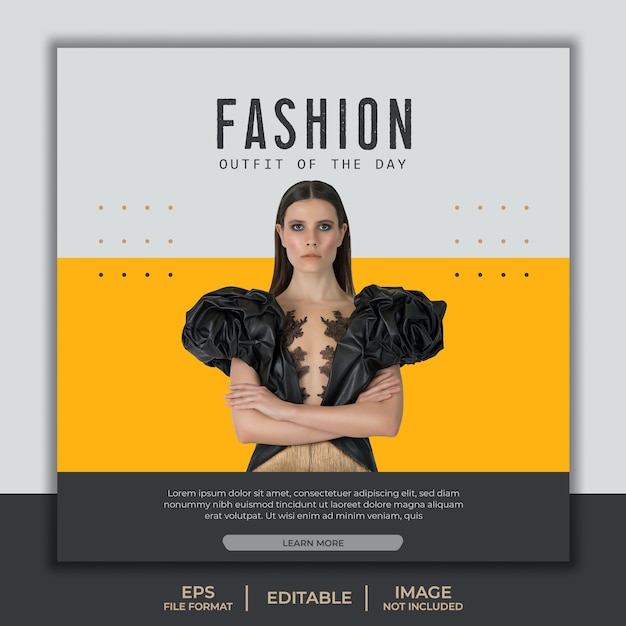 Vector square banner template for instagram, fashion yellow design template with beautiful model elegant