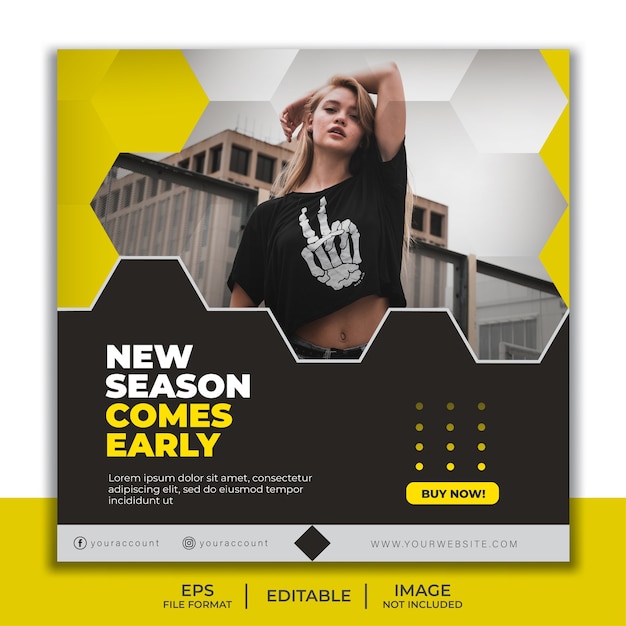 Square banner template for instagram post, beautiful girl fashion model elegant yellow and black hexagon