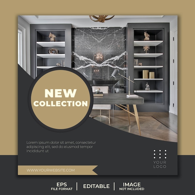Vettore modello di banner quadrato per post di instagram, nuova collezione di mobili per l'interior design