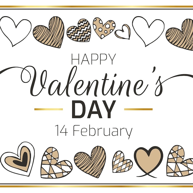 Banner quadrato con piccoli cuori disegnati a mano con cornice dorata per san valentino nei social media