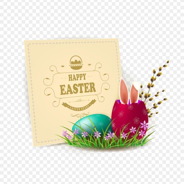 A square beige frame with easter eggs, a willow branch, rabbit ears and text. design element.