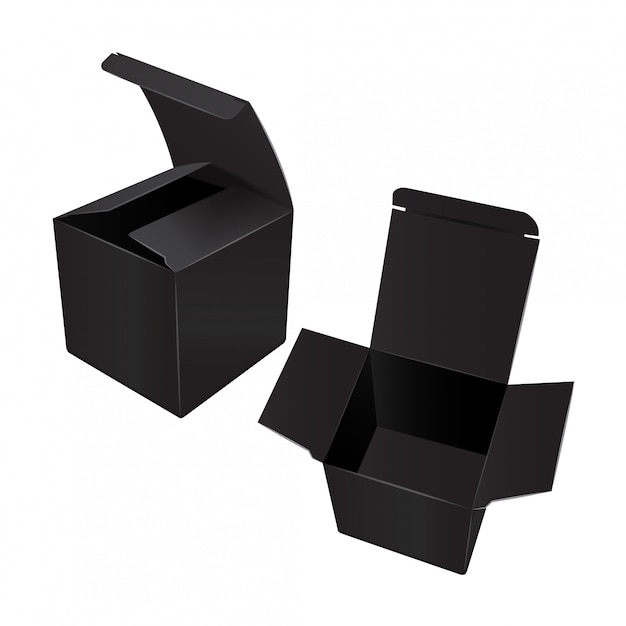 Square black cardboard plastic package box.