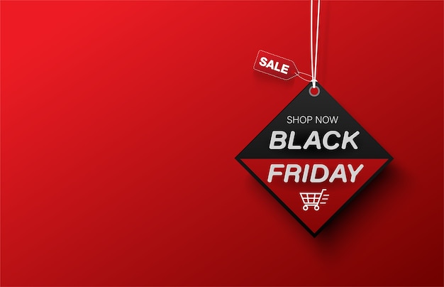 Square black friday label shopping cart sale banner on red background.