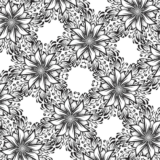 A square black and white background with flowers, ornamental texture