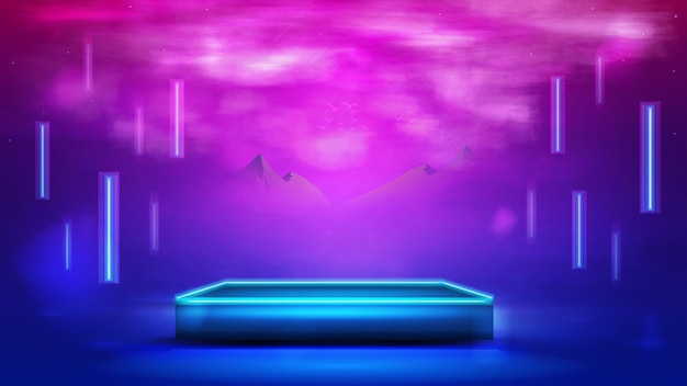 Vector square blue podium for product presentation with line flying lamps around and abstract landscape on background