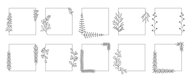 正方形の植物フレーム ライン落書きハーブ ボーダーと花のフレーミング招待状やグリーティング カードの装飾的な要素ベクトル ワイルドフラワー ウェディング セット