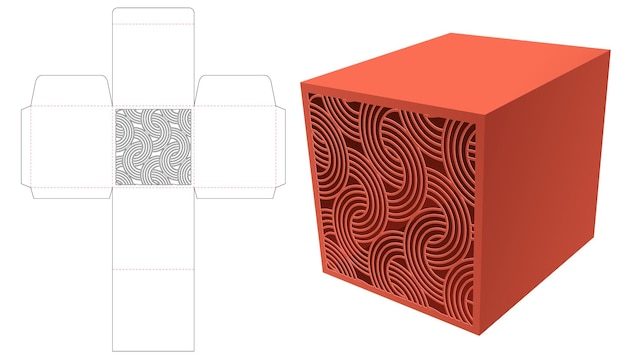Квадратная коробка с трафаретным изогнутым шаблоном для высечки окна и 3d-макетом