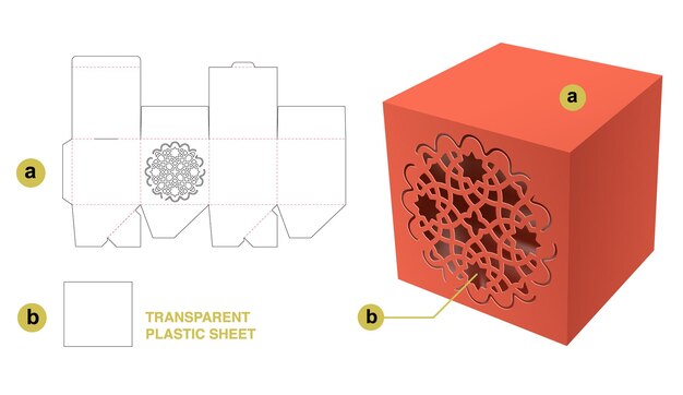 Square box with stenciled pattern and transparent plastic sheet die cut template and 3D mockup