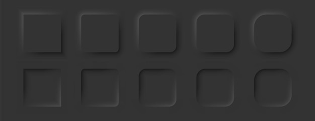 Vector square buttons in a neomorphic style a set of user interface design elements in black