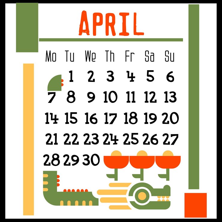 Vector square calendar page for april 2024 with a green geometric dragon isolated on a white symbol