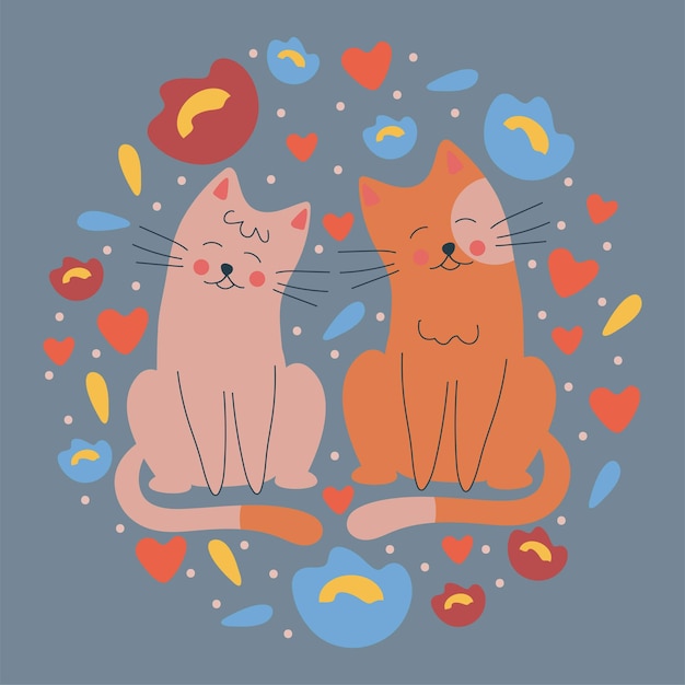 Square card template for Valentine's Day with a couple of cats flowers and hearts in a circle Vector