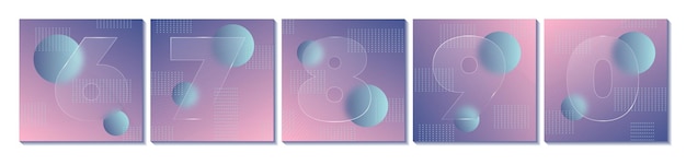 Square carousel stories social media posts Glass morphism effect Transparent frosted acrylic shape numbers on pastel gradient background Futuristic realistic glassmorphism Vector