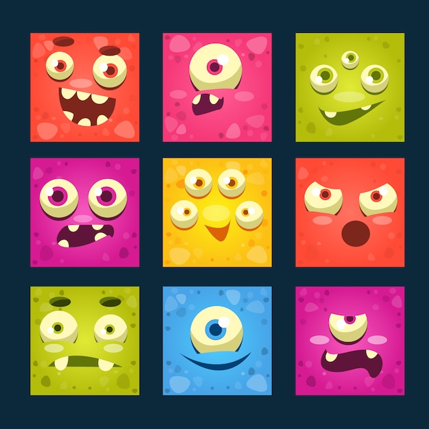 Vector square cartoon monster faces set.