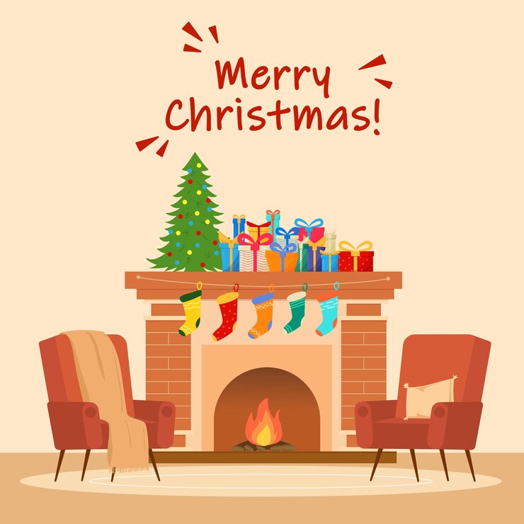 Vector square christmas card view living room with fire space with christmas tree and gift present and sock