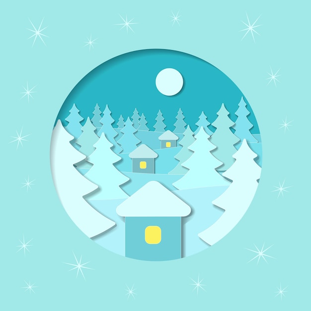 Square christmas vector winter background with houses, trees, moon, forest, snow in the style of paper art