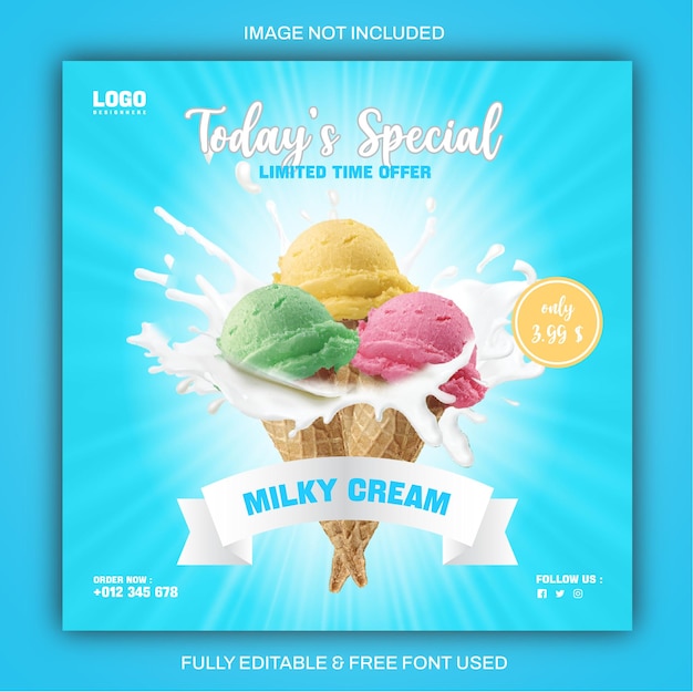 Vector square cone ice creams with milk splashed social medial poster design