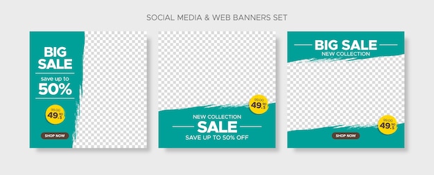 Square editable discount sale banner templates set with empty abstract grunge frames for social media, instagram post and web