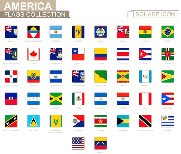 Vector square flags of america. from anguilla to venezuela. vector illustration.