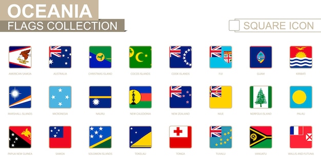 Square flags of Oceania. From American Samoa to Wallis and Futuna. Vector Illustration.