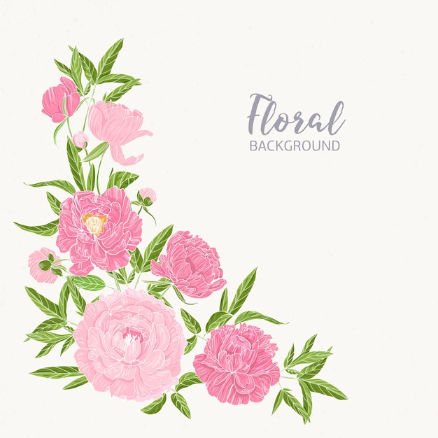 Square floral backdrop decorated by blooming pink peonies at left bottom corner.