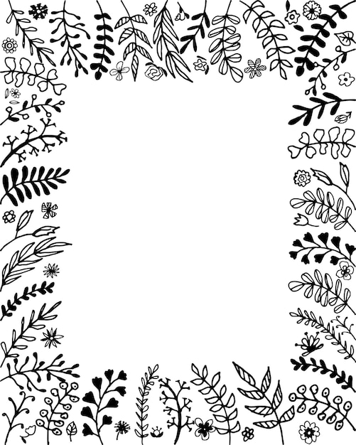 Square floral frame Foliage Holiday card with copy space Floral background Universal template Floral hand drawn outlined twigs branches black and white background