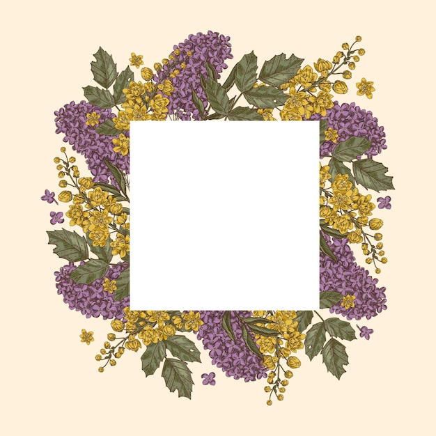 Square floral frame with lilac and magonia flowers