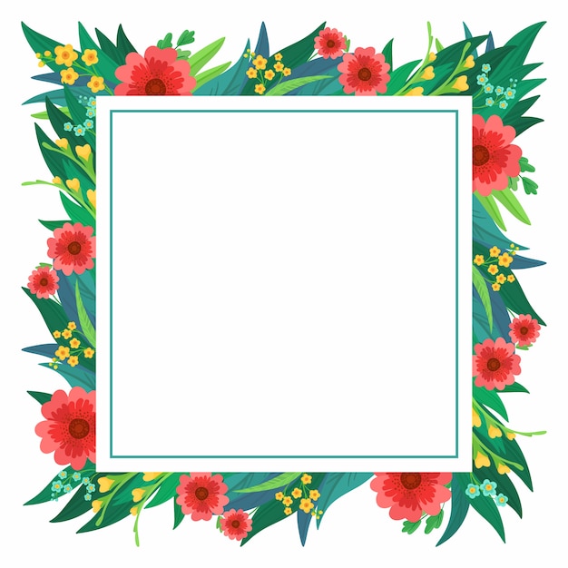 Square flower frame with bright flowers and leaves