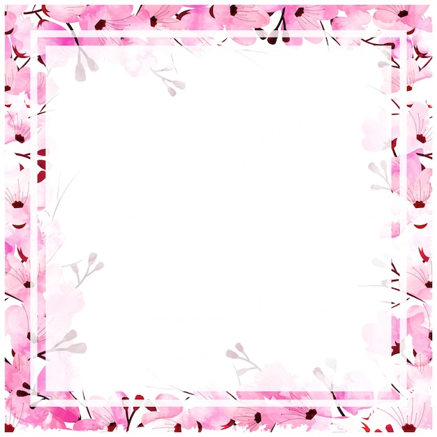 美しい水彩画ピンクの花とあなたのメッセージのためのスペースで飾られたスクエアフレーム。