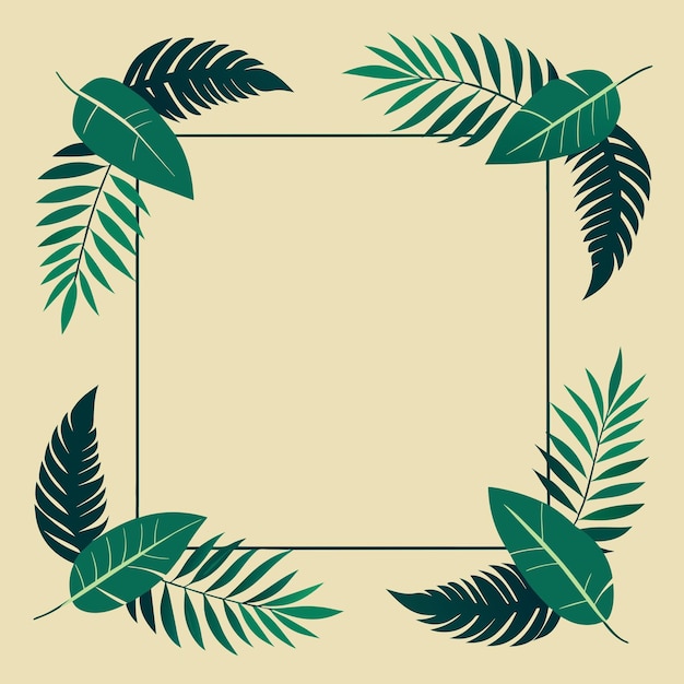 square frame made of tropical palm leaves on cream background