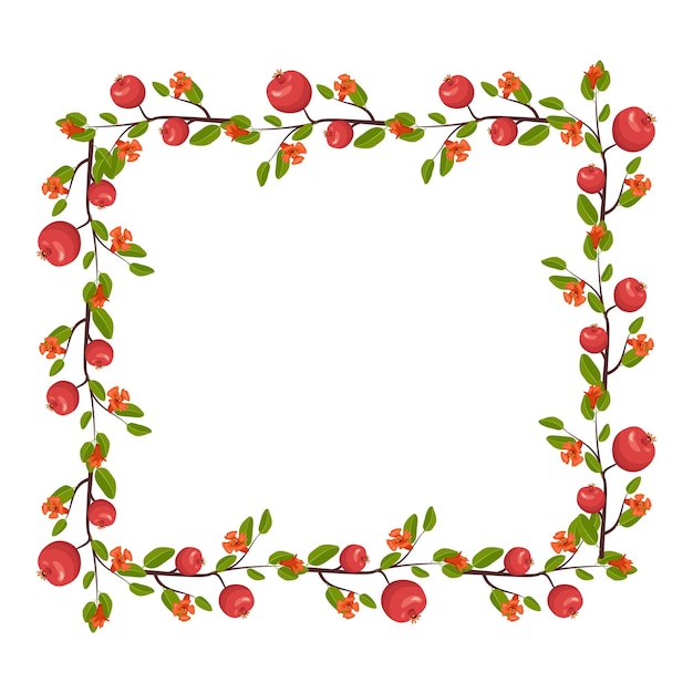 Square frame of pomegranate flowers and fruits wreath with spring blooming composition