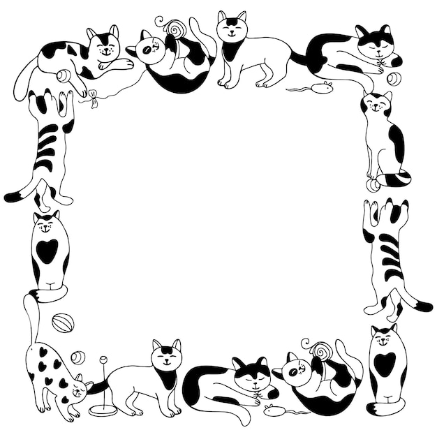 낙서 스타일의 귀여운 고양이가 있는 사각형 프레임