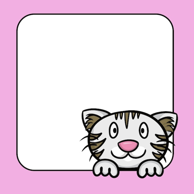 빈 복사본 공간이 있는 사각형 프레임 귀여운 회색 고양이가 벡터 만화를 찾고 있습니다.