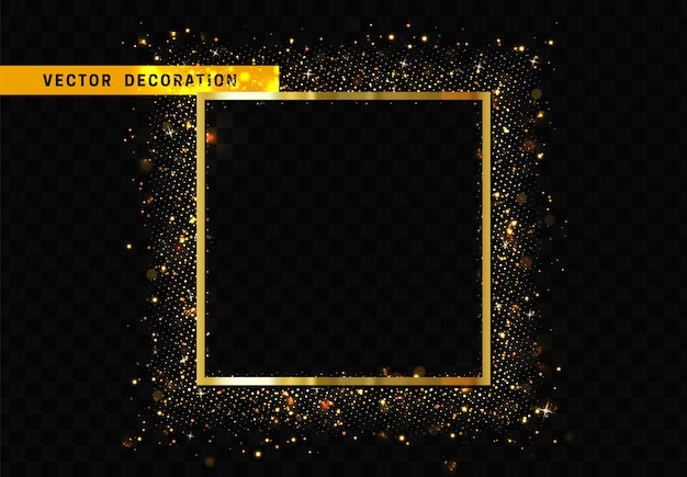 Square Frame with golden glitter by border. Realistic Holiday decoration. Black transparent background. Vector illustration