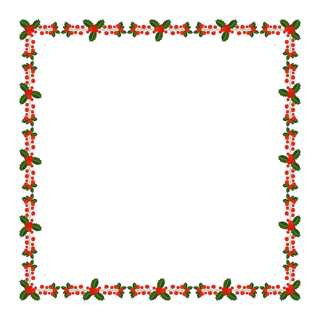 ホリーベリーの枝が付いている正方形のフレーム。メリークリスマスと新年あけましておめでとうございますのグリーティングカードのための植物からの伝統的な観賞用リースの境界線。