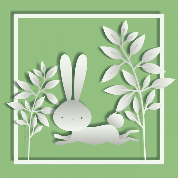 사각 프레임 잎 및 부활절 토끼
