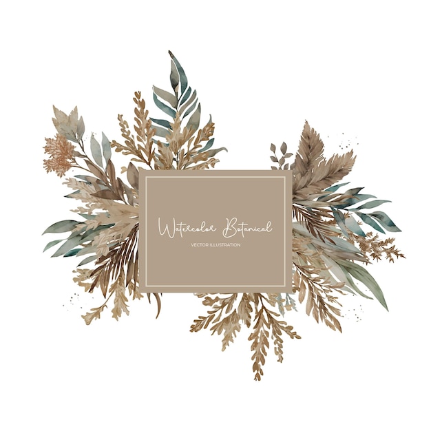 Vector square frame with pampas grass leaf sprigs dried flowers in boho style in brown shades design