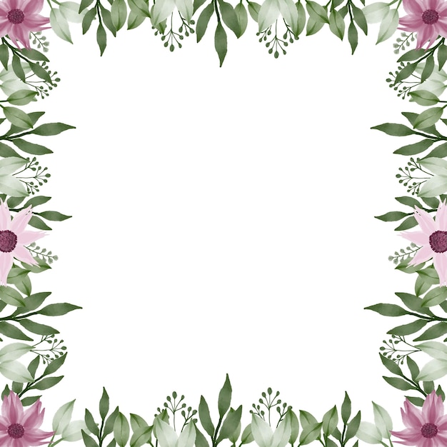 Vector square frame with pink flower and green leaf border