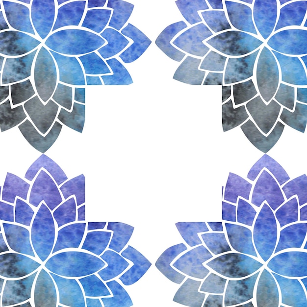 Square frame with silhouettes of blue and purple stylized lotus flowers with watercolor texture