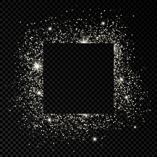 Cornice quadrata con glitter argento su sfondo trasparente scuro. sfondo vuoto. illustrazione vettoriale.
