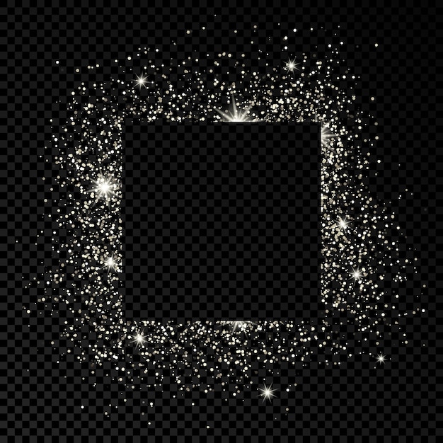 Square frame with silver glitter on dark transparent  background. Empty background. Vector illustration.